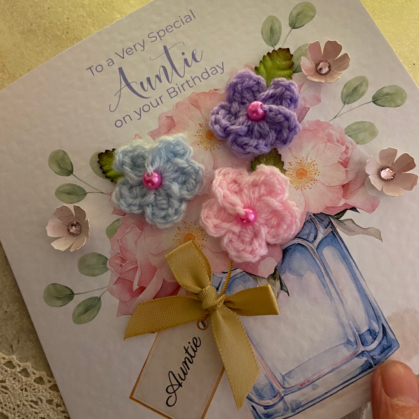 Unique Handmade Birthday Card for Auntie UK - Crochet Flower Birthday Card - 3D Floral Keepsake