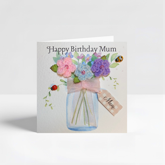 Handmade Crochet Flower Birthday Card for Mum – Unique Keepsake Birthday Card