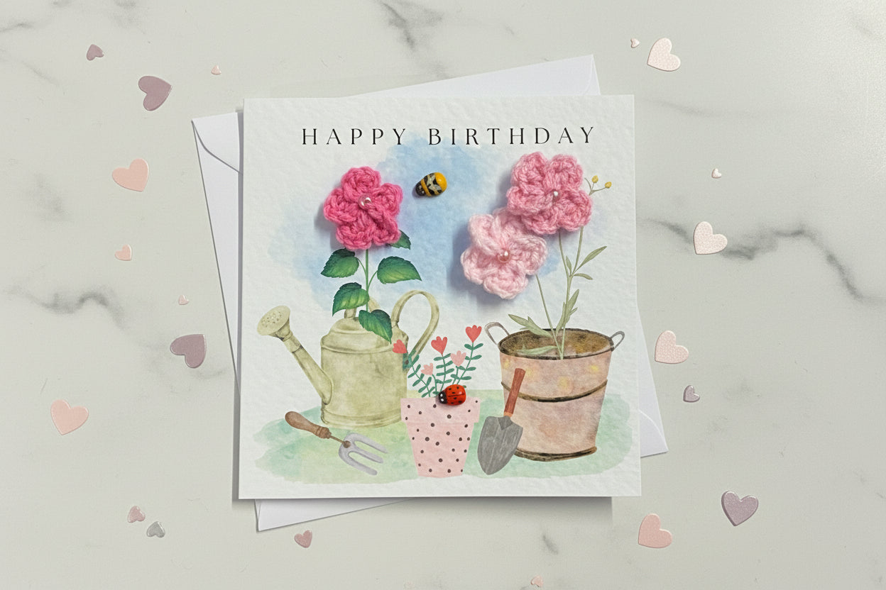 Handmade crochet flower gardening birthday card for her, mum 