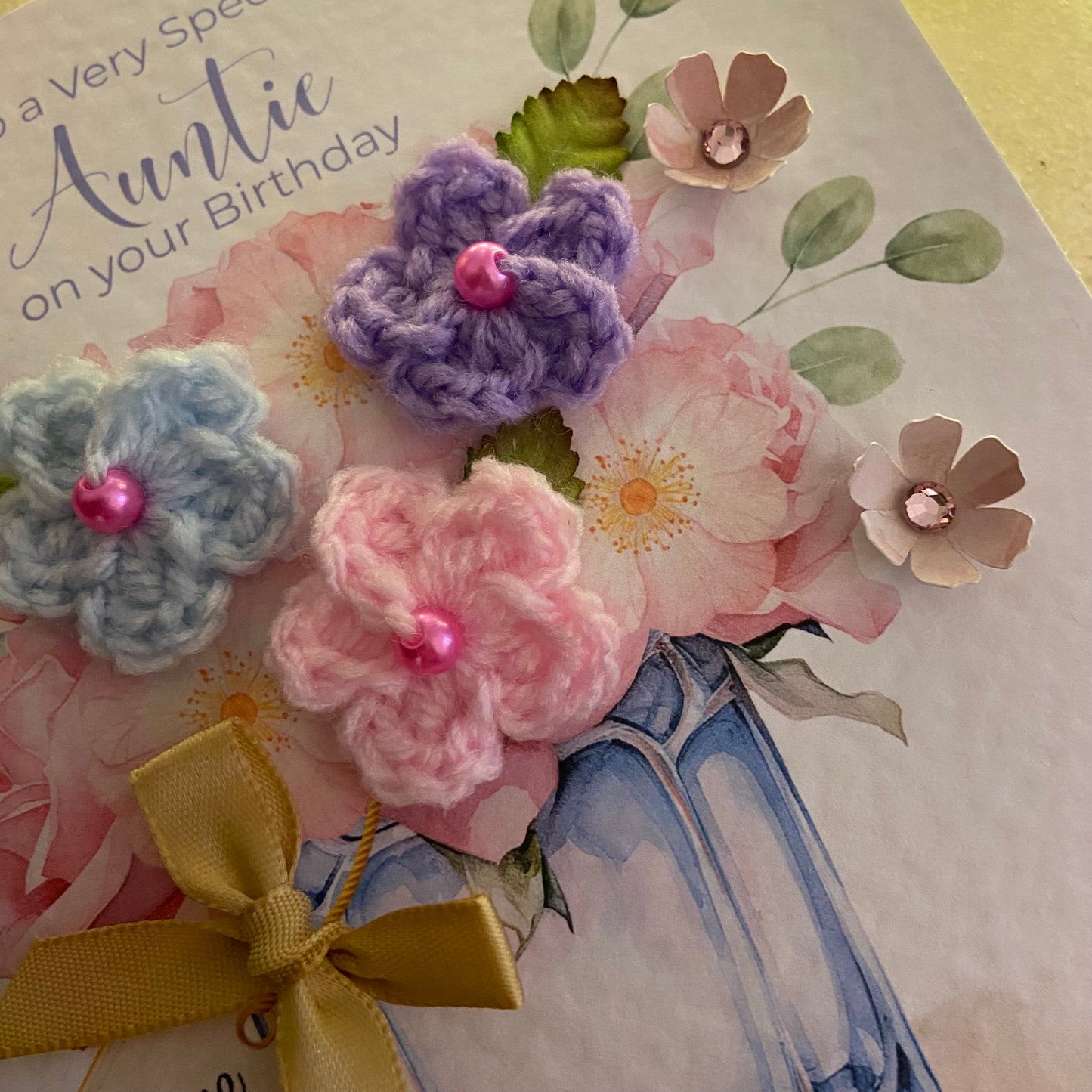 Unique Handmade Birthday Card for Auntie UK - Crochet Flower Birthday Card - 3D Floral Keepsake