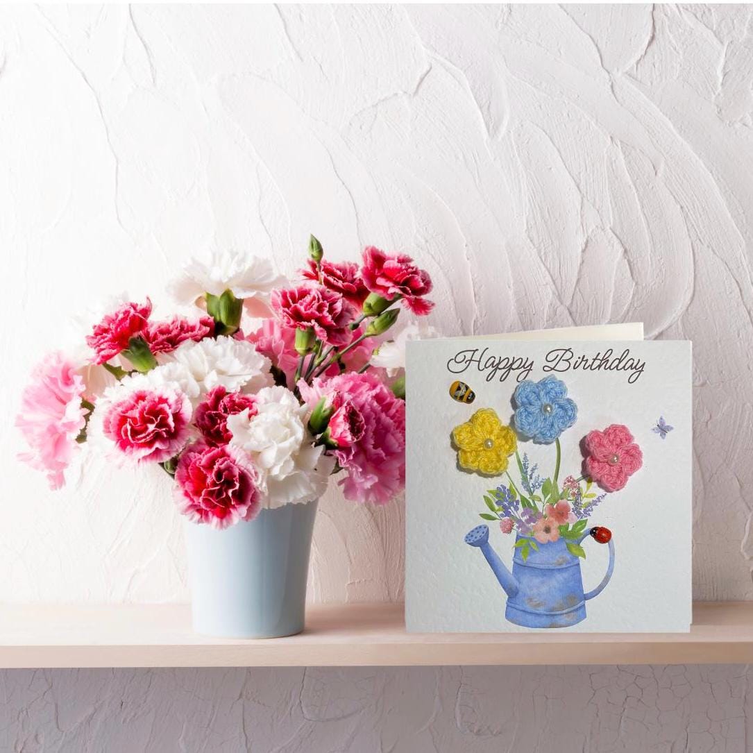 Flower birthday card for her, mum, friend, sister, 3D crocheted flowers, birthday gift for her, elegant birthday card