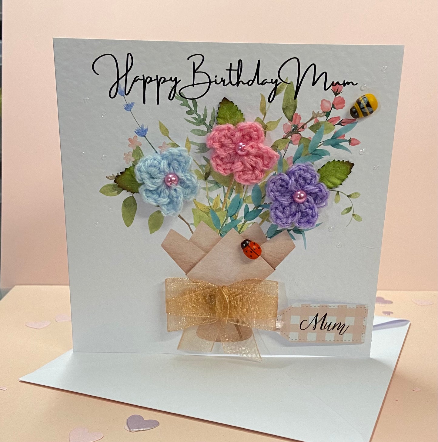 Handmade Crochet Flower Birthday Card for Mum – Unique Keepsake Birthday Card