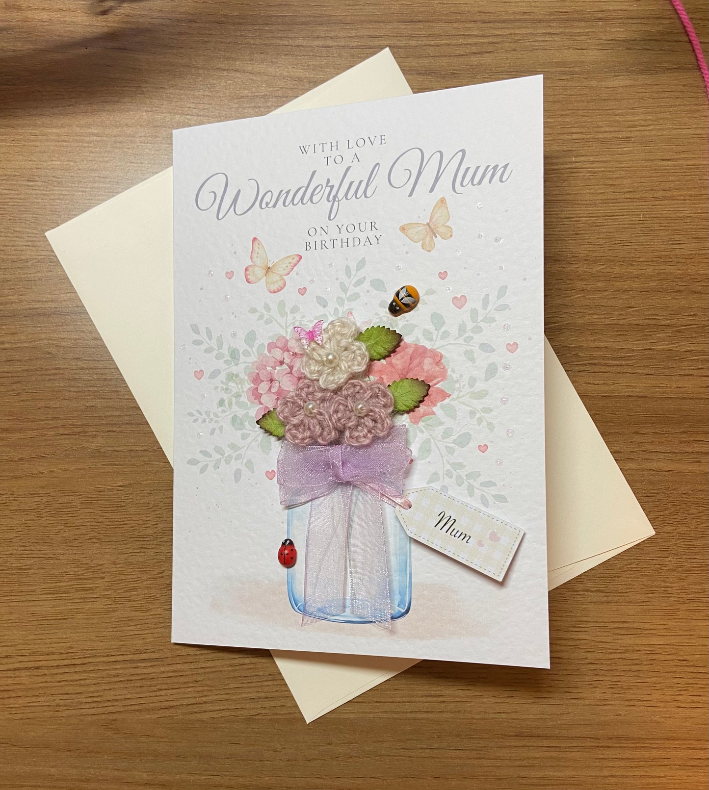 Handmade Crochet Flower Birthday Card for Mum – Unique Keepsake Birthday Card