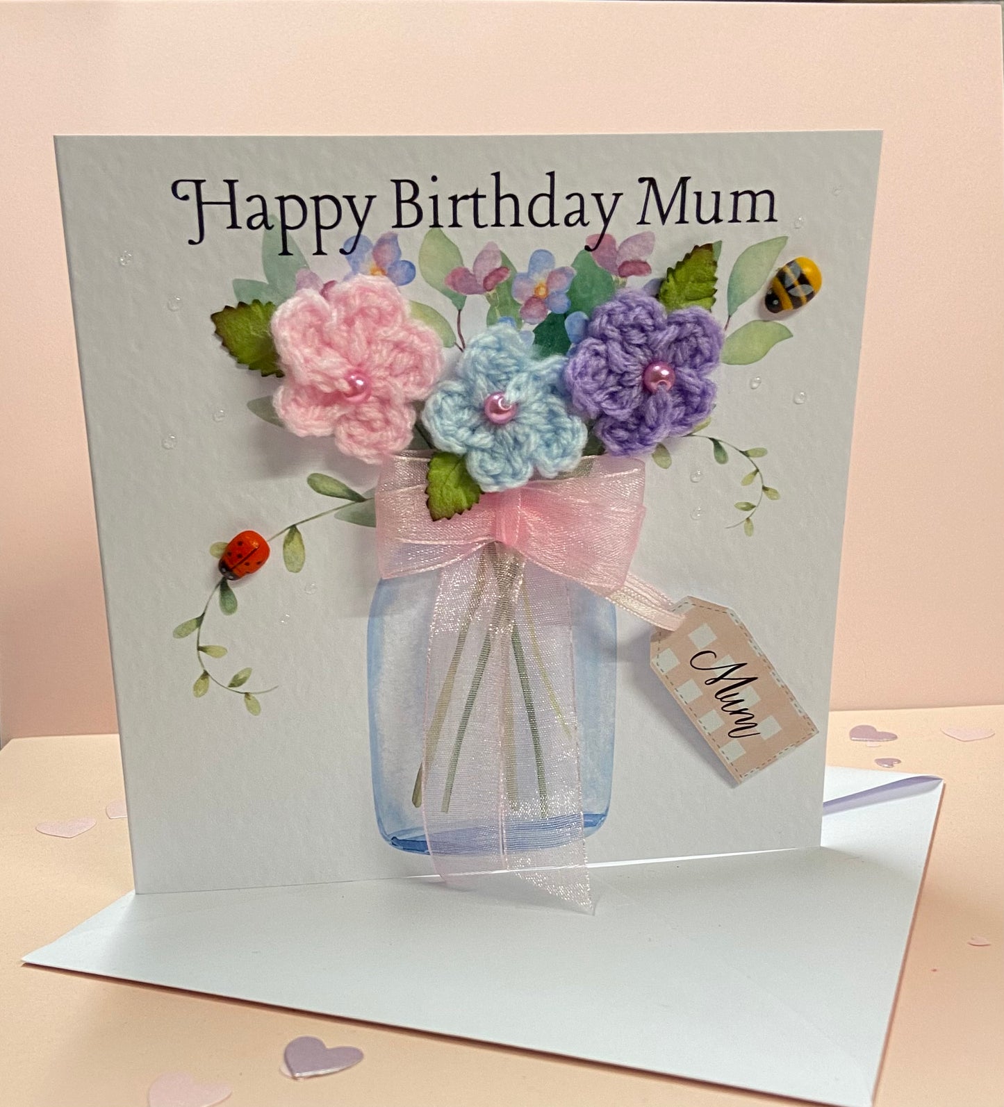 Handmade Crochet Flower Birthday Card for Mum – Unique Keepsake Birthday Card