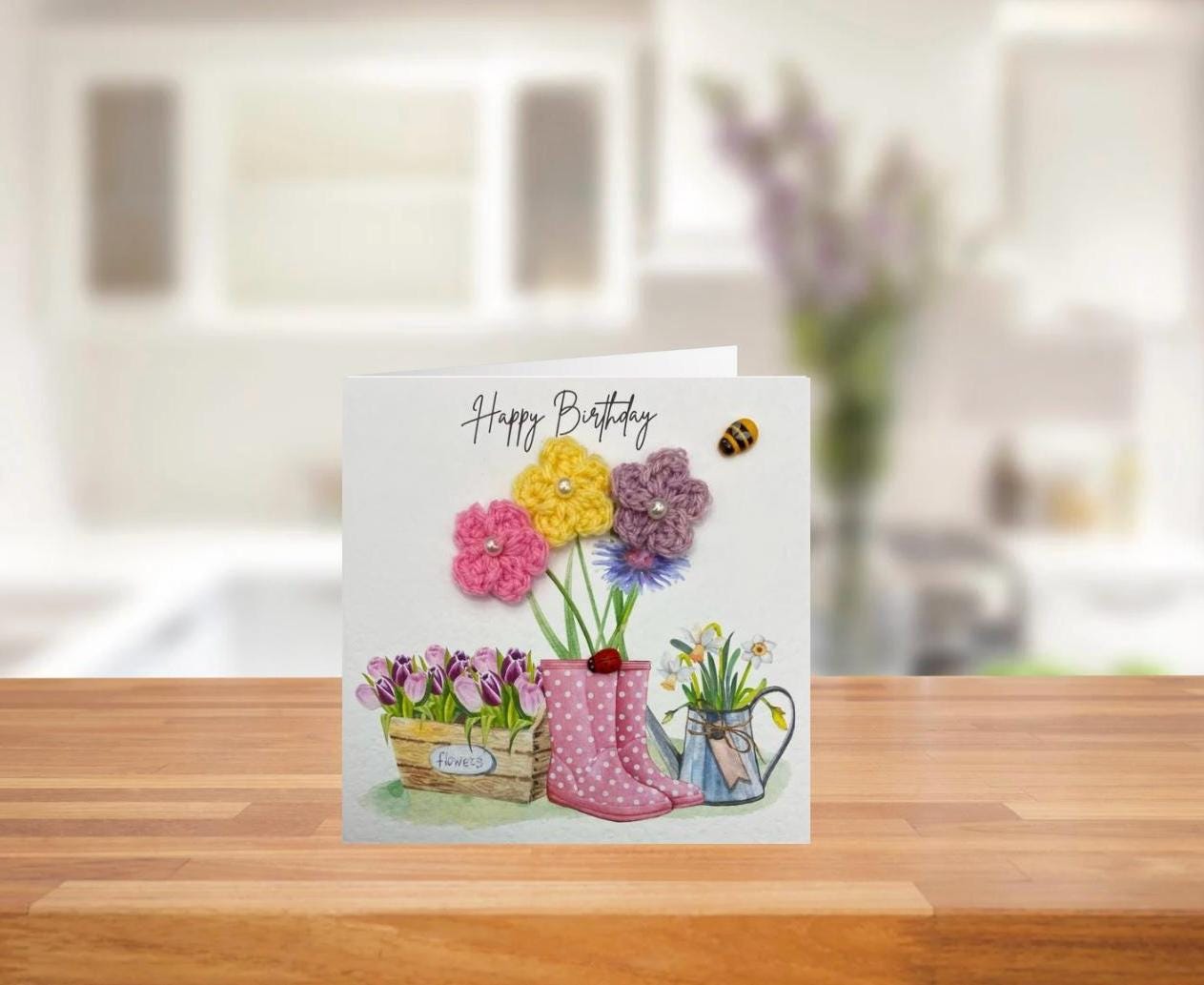 handmade birthday cards with a fun wellington boot design and crochet flowers