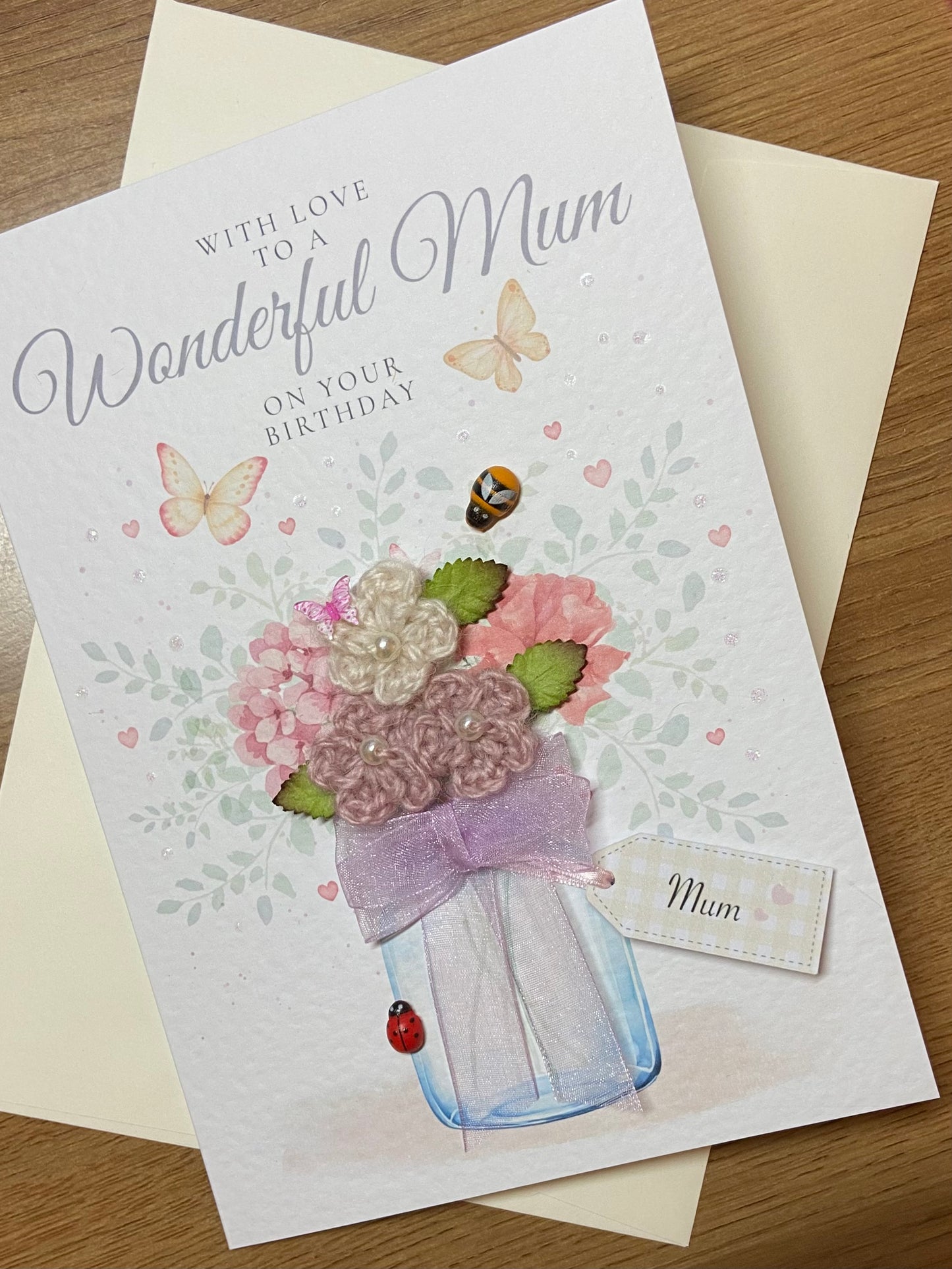 Handmade Crochet Flower Birthday Card for Mum – Unique Keepsake Birthday Card