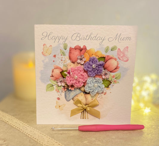 Handmade Crochet Flower Birthday Card for Mum – Unique Keepsake Birthday Card