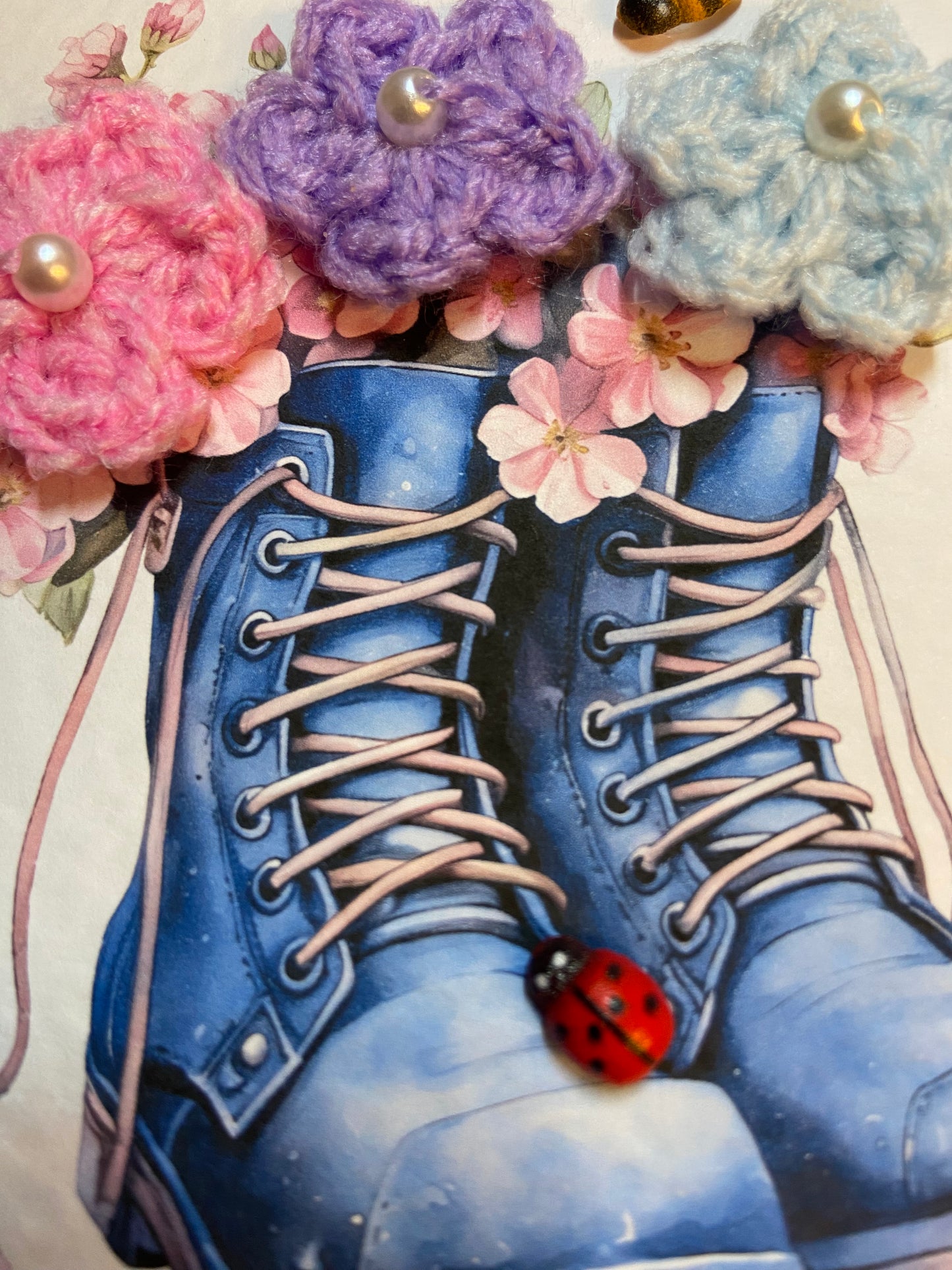 Unique Handmade Birthday Card for Mum UK – Crochet Flower Boots Card, Garden Lover Birthday Card, 3D Floral Keepsake