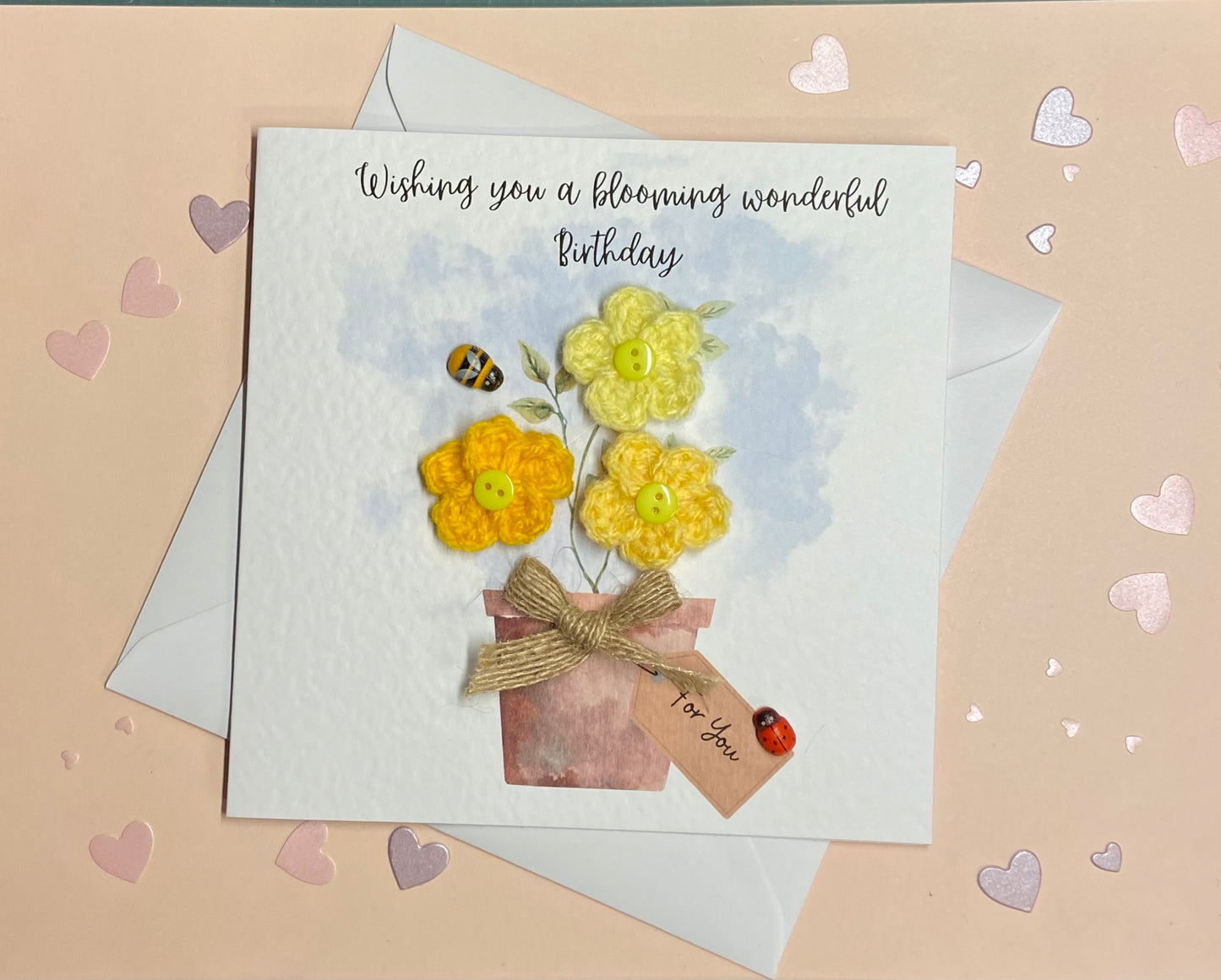 Handmade Crochet Flower Birthday Card, Gardening Card