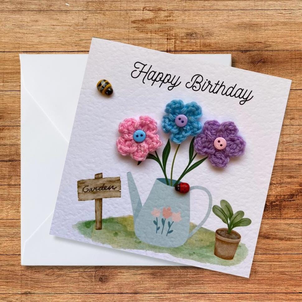 handmade birthday card with crochet flowers