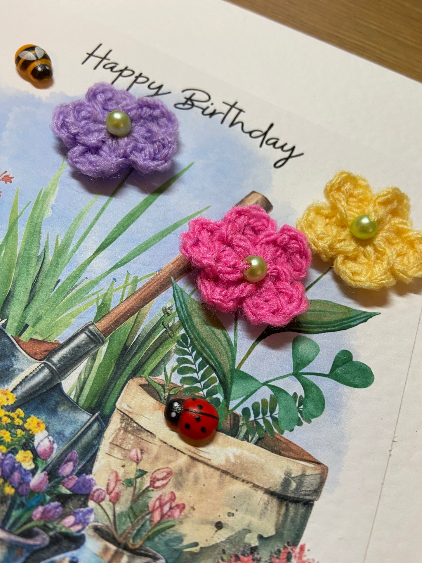 Handmade Gardener Birthday Card – Garden Lover Floral Birthday Card with 3D Crochet Flowers