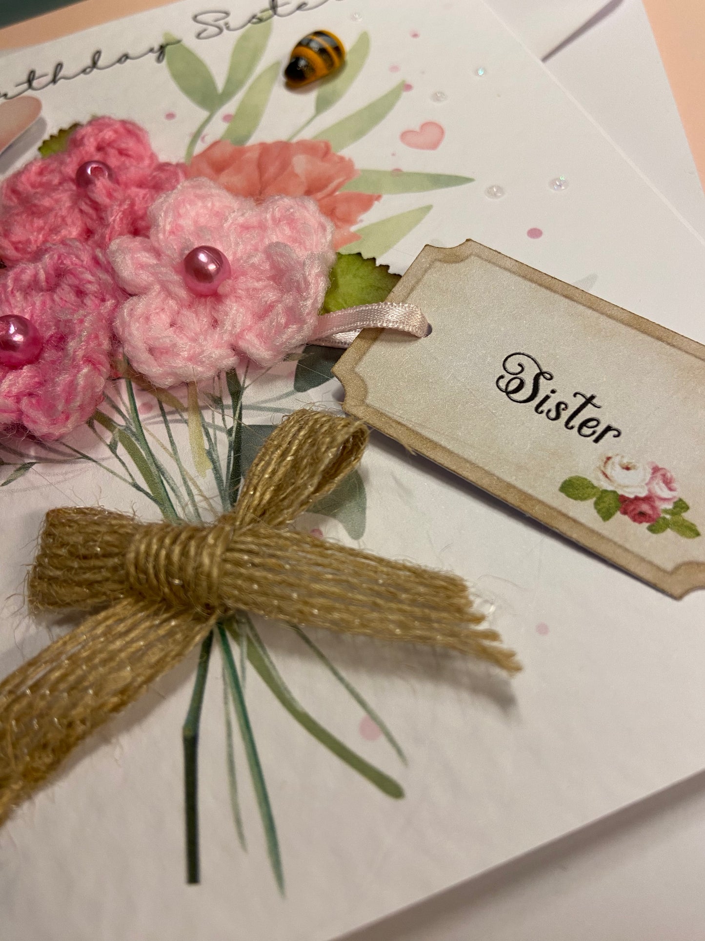 Handmade Crochet Flower Birthday Card for Sister - Unique Handmade Birthday Card