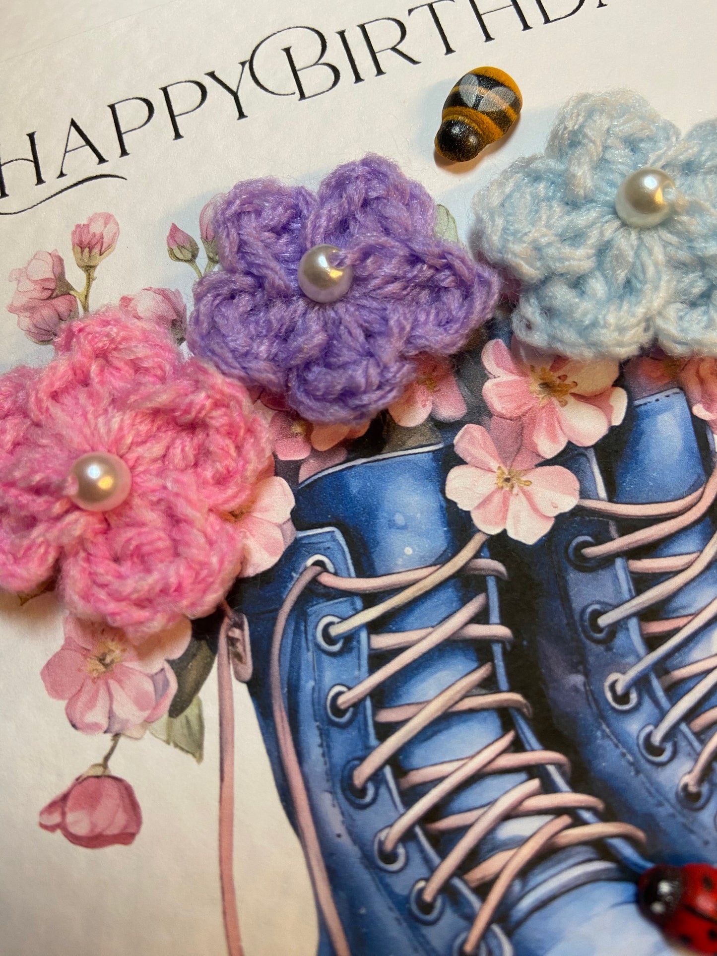 Unique Handmade Birthday Card for Mum UK – Crochet Flower Boots Card, Garden Lover Birthday Card, 3D Floral Keepsake