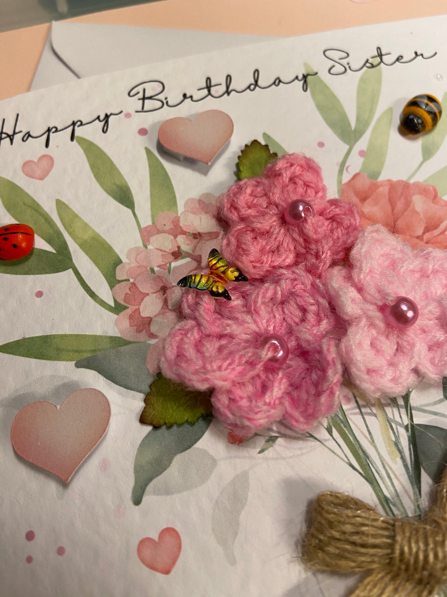 Handmade Crochet Flower Birthday Card for Sister - Unique Handmade Birthday Card
