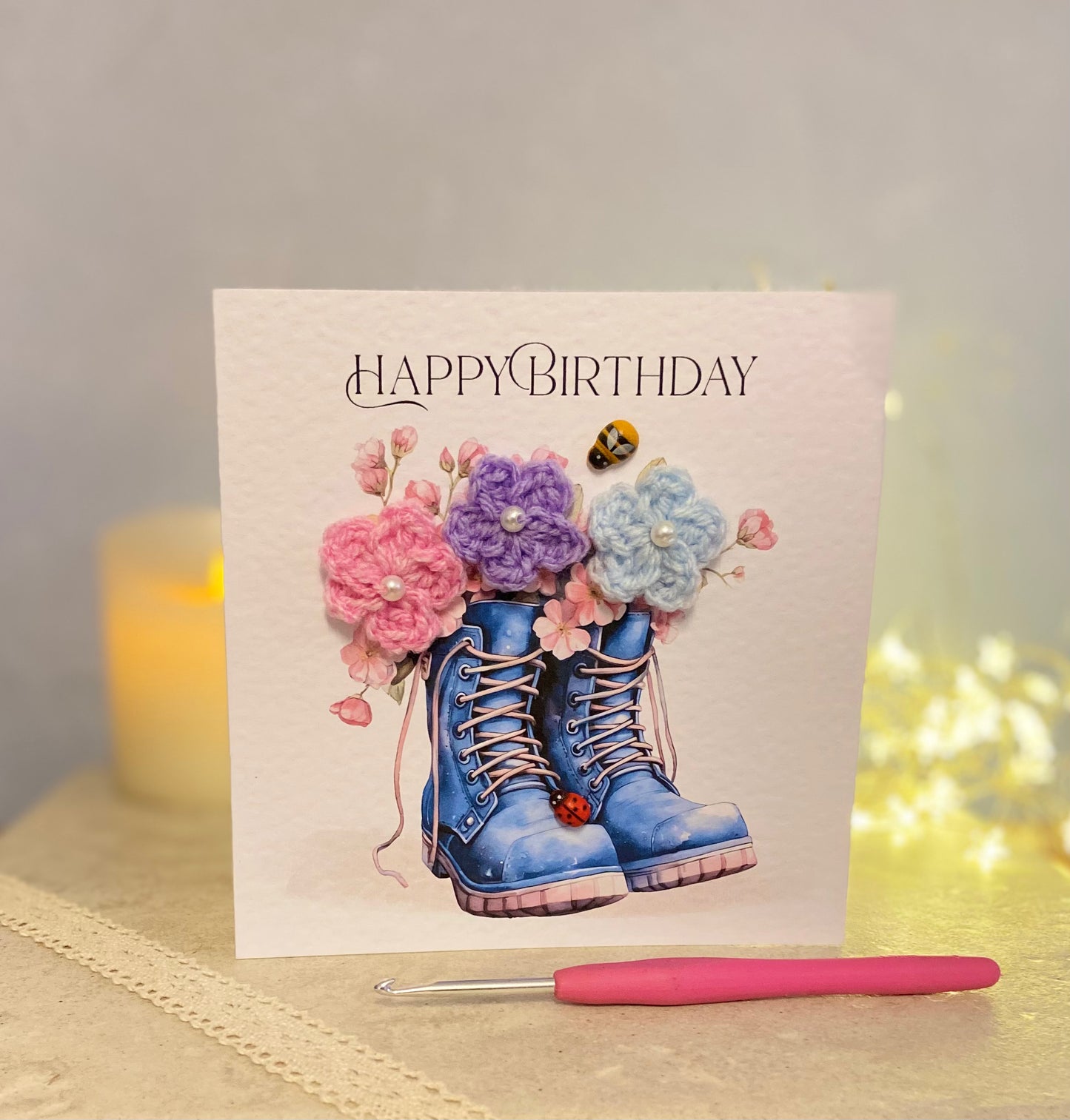 Unique Handmade Birthday Card for Mum UK – Crochet Flower Boots Card, Garden Lover Birthday Card, 3D Floral Keepsake