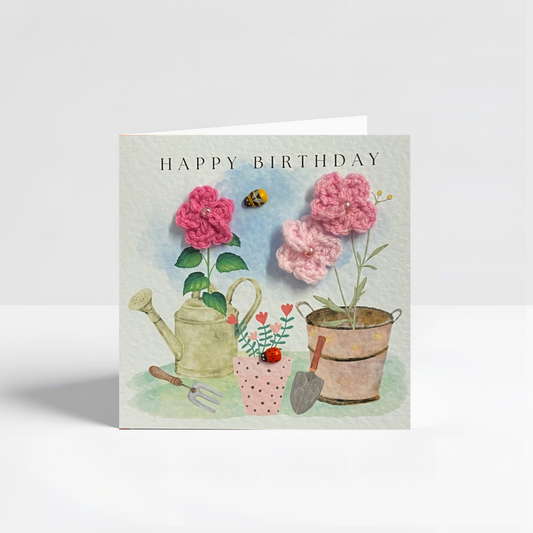Handmade Crochet Flower Birthday Card, Gardening Card