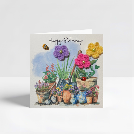 Handmade Gardener Birthday Card – Garden Lover Floral Birthday Card with 3D Crochet Flowers