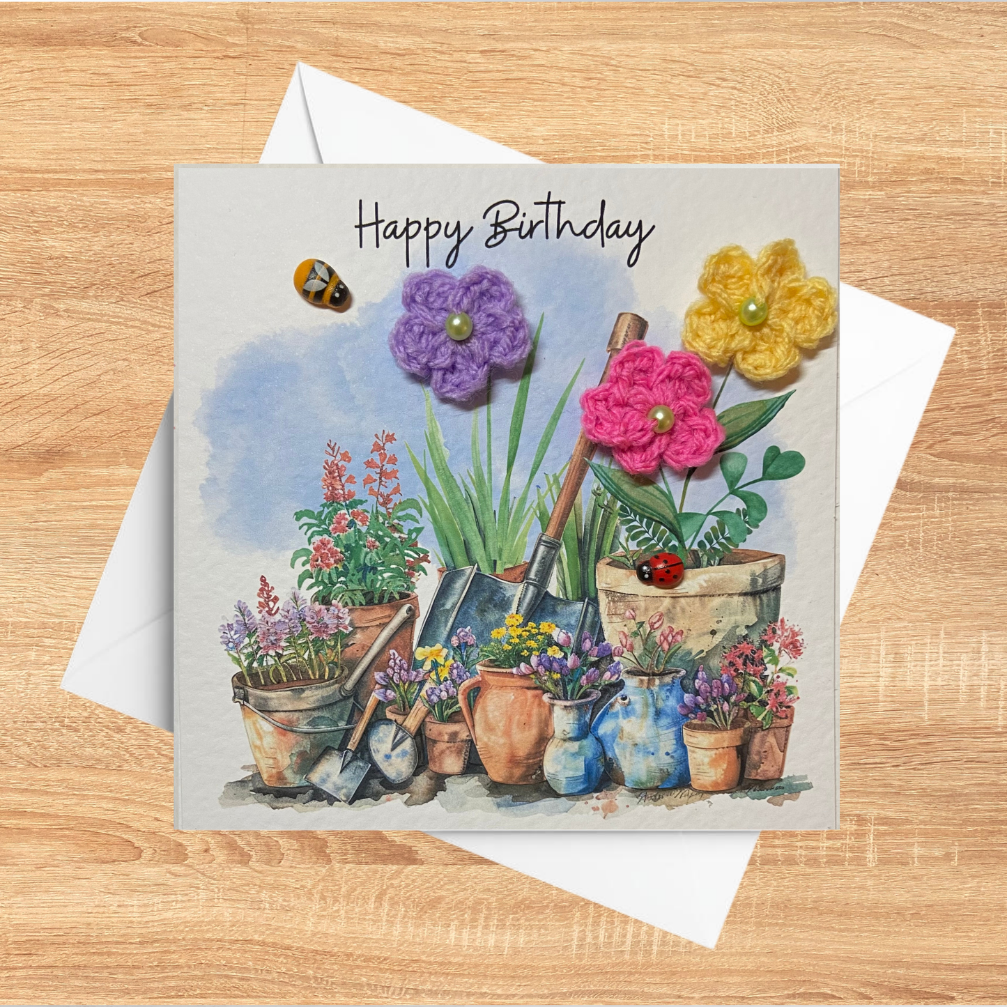 Handmade Gardener Birthday Card – Garden Lover Floral Birthday Card with 3D Crochet Flowers