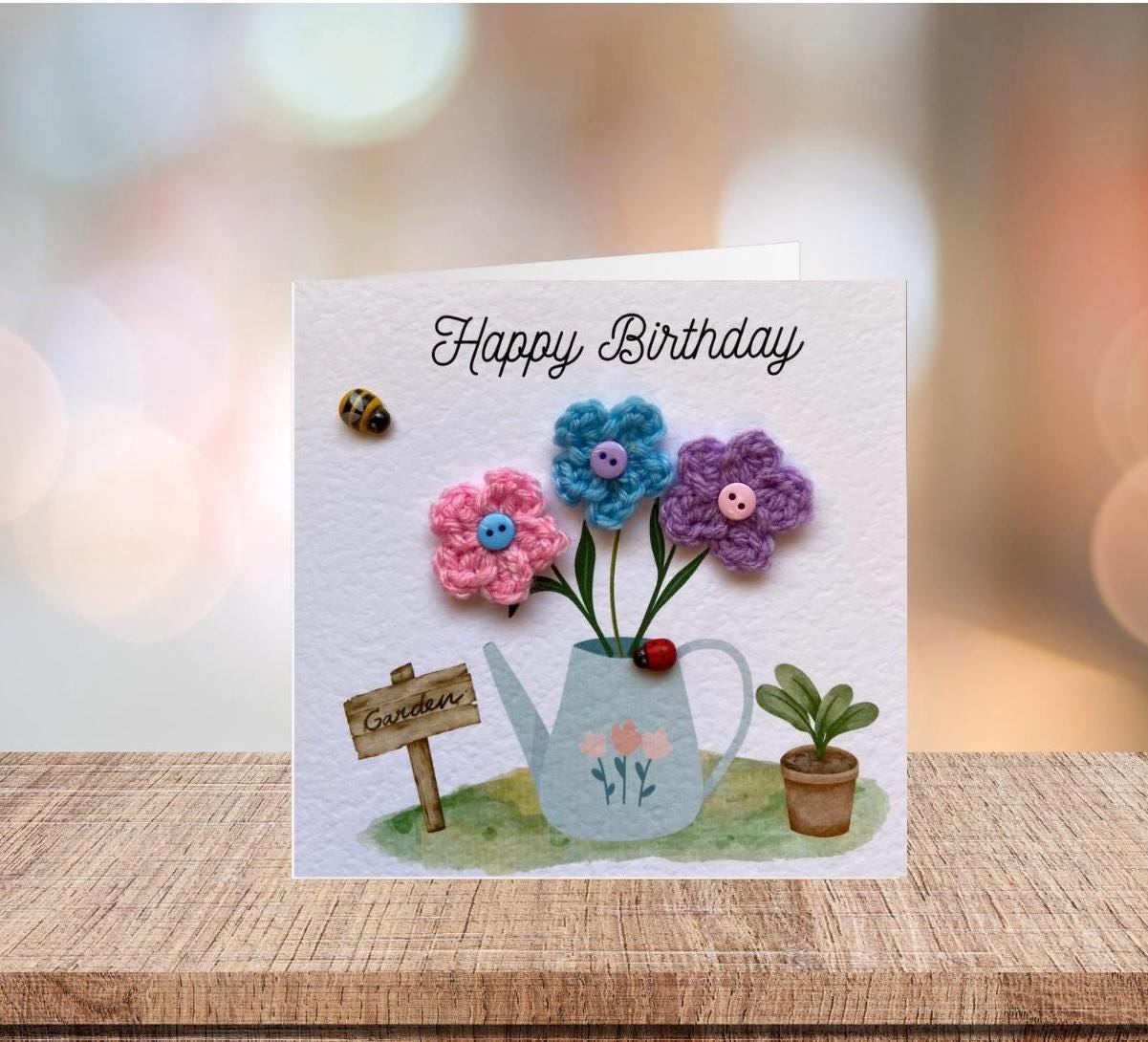 handmade birthday card with crochet flowers