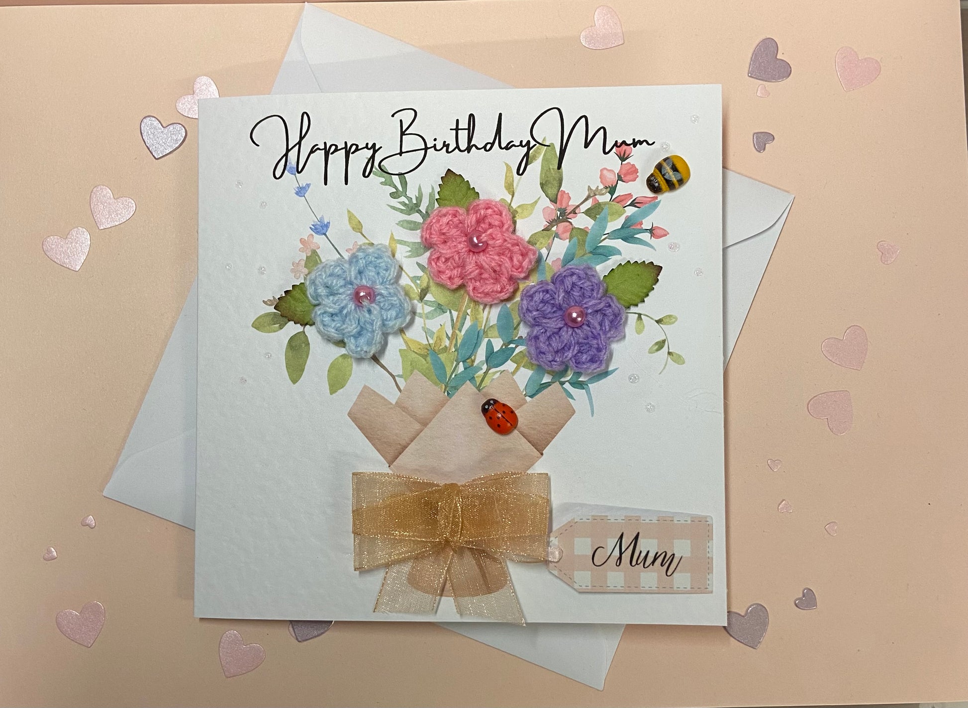 handmade crochet flower birthday card for mum
