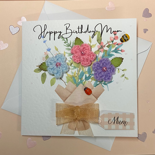 Handmade Crochet Flower Birthday Card for Mum – Unique Keepsake Birthday Card