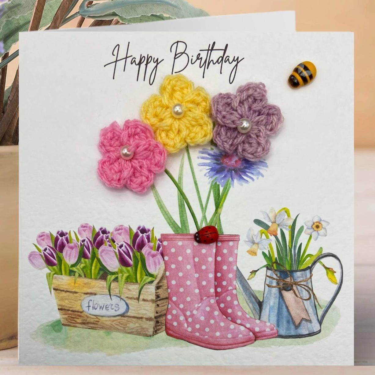 unique handmade birthday cards with a fun wellington boot design and crochet flowers