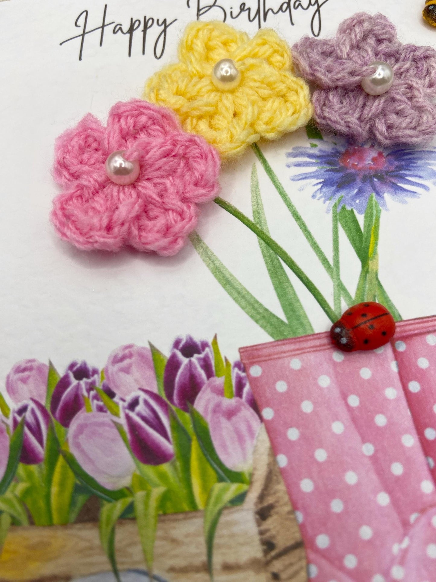 handmade birthday cards with a fun wellington boot design and crochet flowers